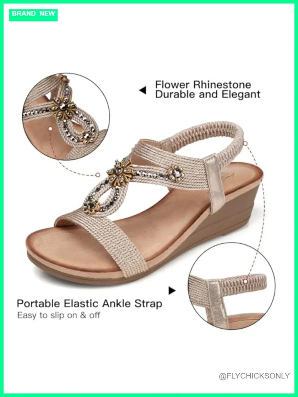 Wedge Sandals with Cushioned Insole, Elastic Ankle Strap, Low Heel, Open Toe,